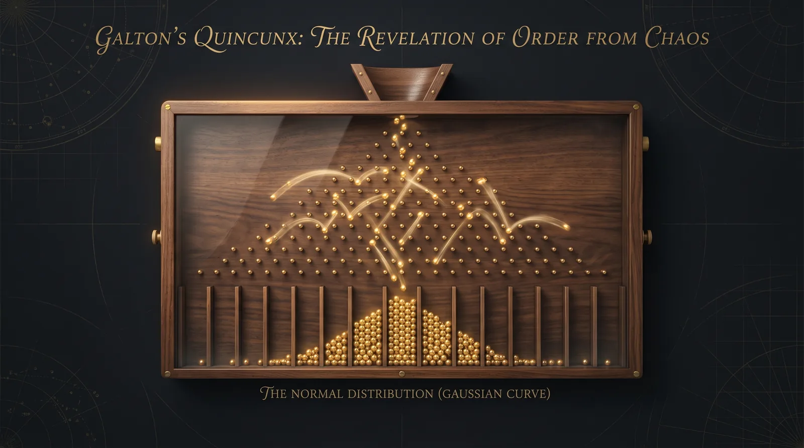 A vintage Galton board showing golden balls forming a perfect normal distribution