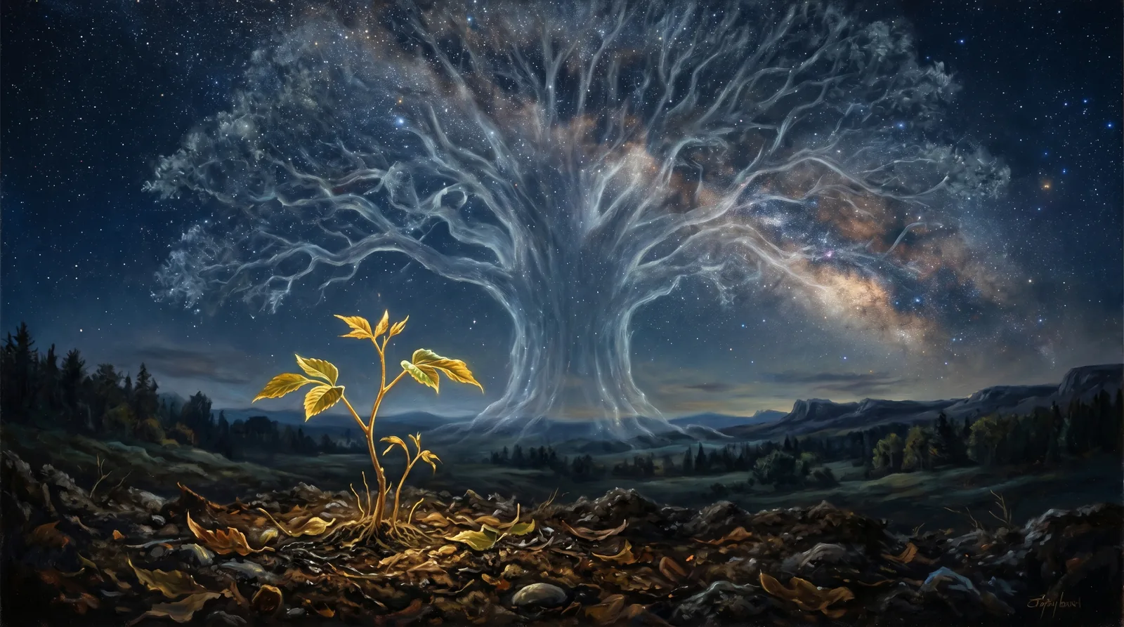 A small golden sapling beneath the translucent silhouette of a vast ancient tree