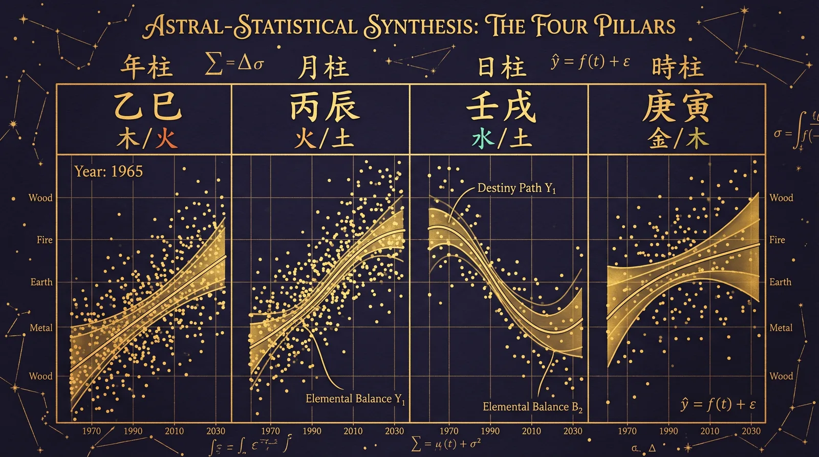 A Four Pillars birth chart merged with statistical curves and data visualizations