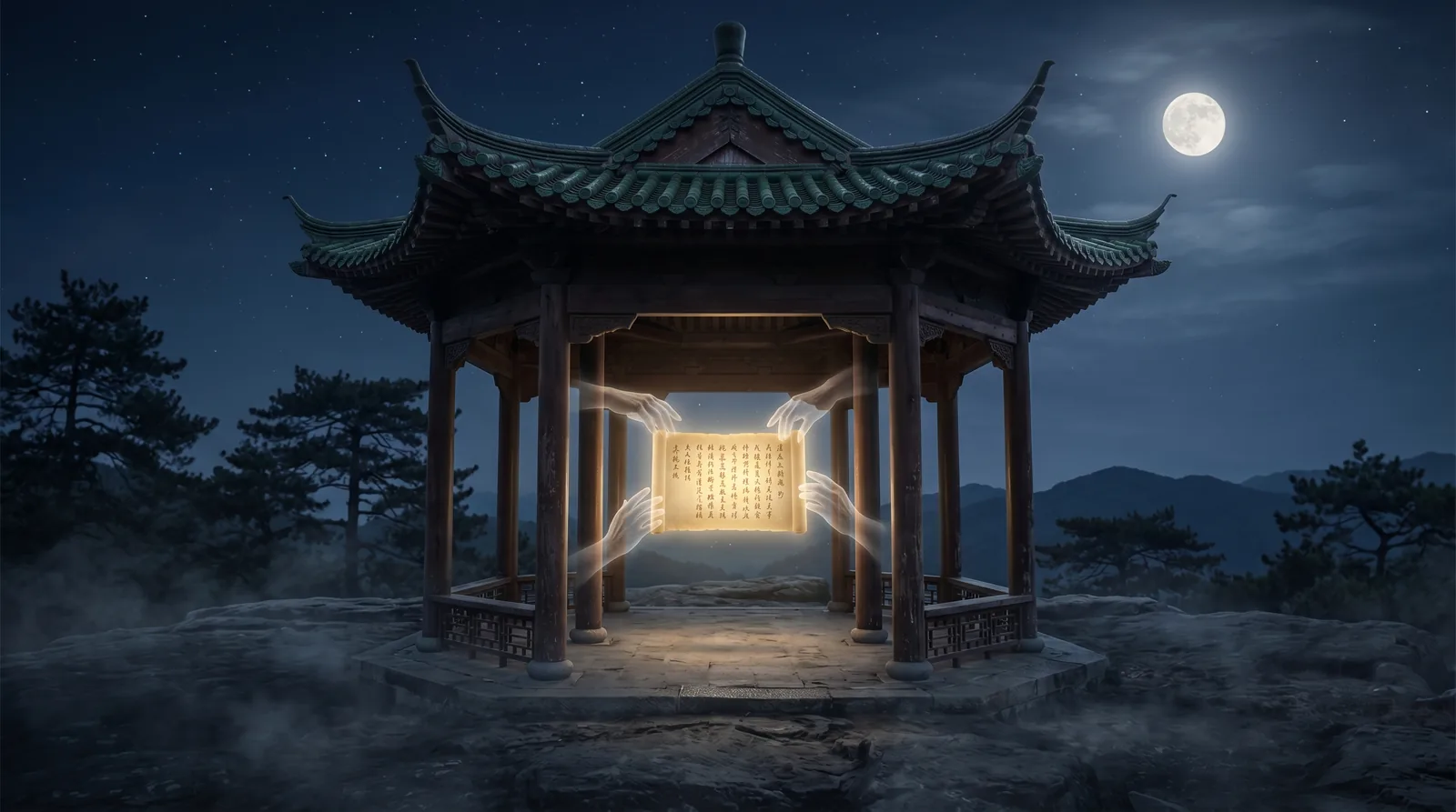 A traditional Eastern pavilion holding a luminous manuscript with translucent hands reaching in