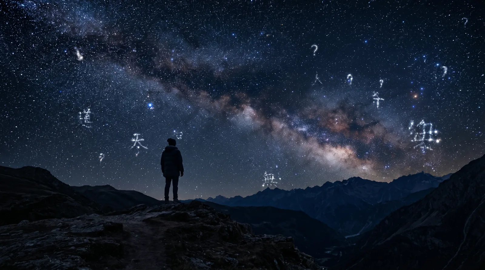 A solitary figure beneath a vast starlit sky where stars form ancient philosophical characters