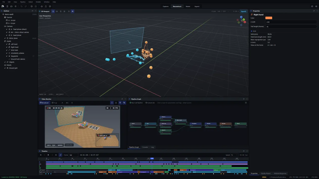 Prephysical Studio 2.0 multi-view hand reconstruction product screen using a built-in synthetic demo.